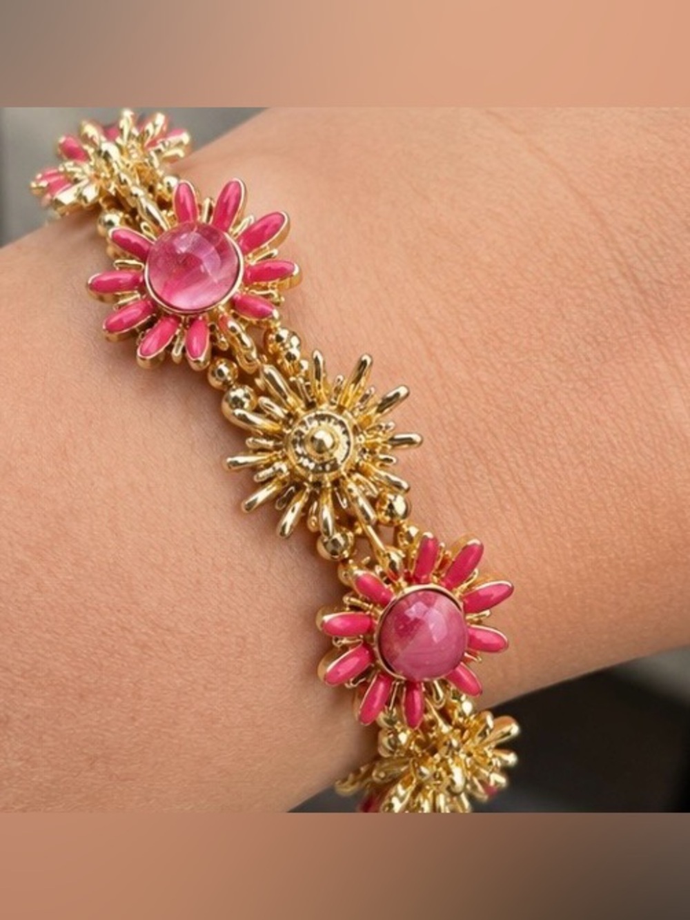 Vintage Signed Napier Gold Tone Articulated Floral Link Bracelet Pink Art Glass